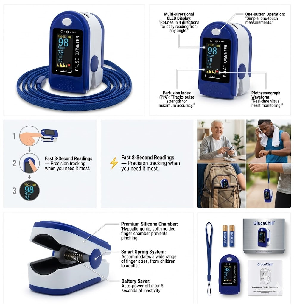 GlucaChill Pulse Premium Pulse Oximeter Finger Monitor Blood Oxygen Monitor